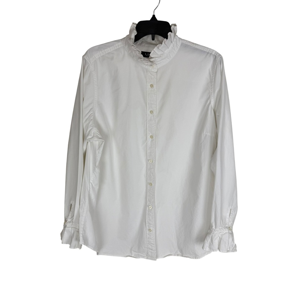 Lauren Ralph Lauren White Ruffle Collar Button Down Blouse 2X Cotton Long Sleeve